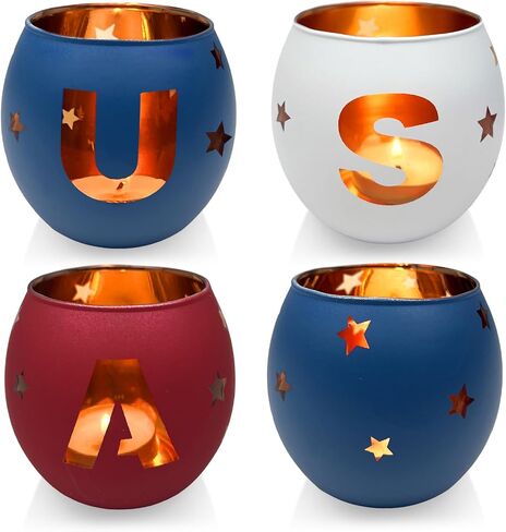 USA Glass Votive Tea Light Candle Holders, Independence Day Table Centerpiece, Red, White, and Blue, Star Cutout, 4th of July Decoration, Set of 4 in Saudi Arabia