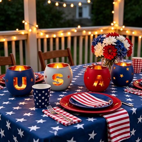 USA Glass Votive Tea Light Candle Holders, Independence Day Table Centerpiece, Red, White, and Blue, Star Cutout, 4th of July Decoration, Set of 4 in Saudi Arabia