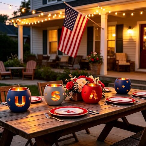 USA Glass Votive Tea Light Candle Holders, Independence Day Table Centerpiece, Red, White, and Blue, Star Cutout, 4th of July Decoration, Set of 4 in Saudi Arabia
