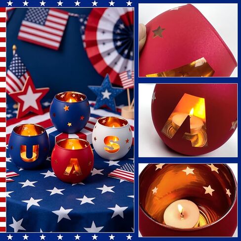 USA Glass Votive Tea Light Candle Holders, Independence Day Table Centerpiece, Red, White, and Blue, Star Cutout, 4th of July Decoration, Set of 4 in Saudi Arabia