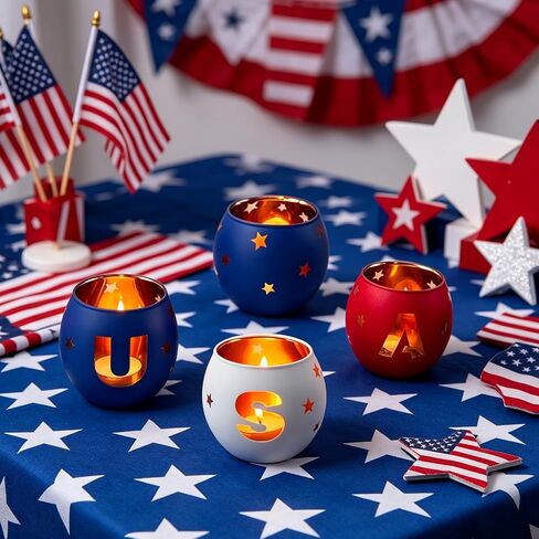 USA Glass Votive Tea Light Candle Holders, Independence Day Table Centerpiece, Red, White, and Blue, Star Cutout, 4th of July Decoration, Set of 4 in Saudi Arabia
