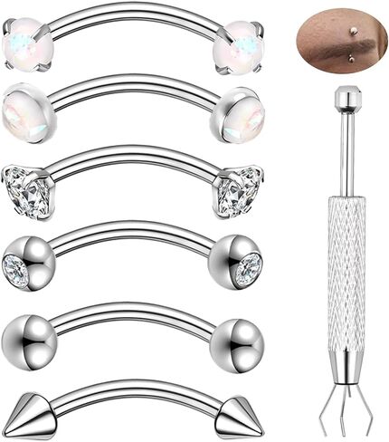 ZS 16G Stainless Steel Eyebrow Rings – 6-14mm Longer Lengths, Internally Threaded Curved Barbell for Eyebrow, Ear Cartilage, Rook, Daith, Belly Button Piercing – 6-Piece Set with Tool in Kuwait
