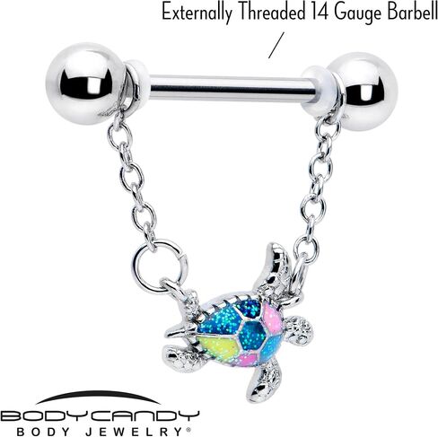Body Candy 14G Womens Nipplerings Piercing 316L Stainless Steel 2Pc Glitter Turtle Sea Turtle Dangle Nipple Ring Set 9/16 in Kuwait