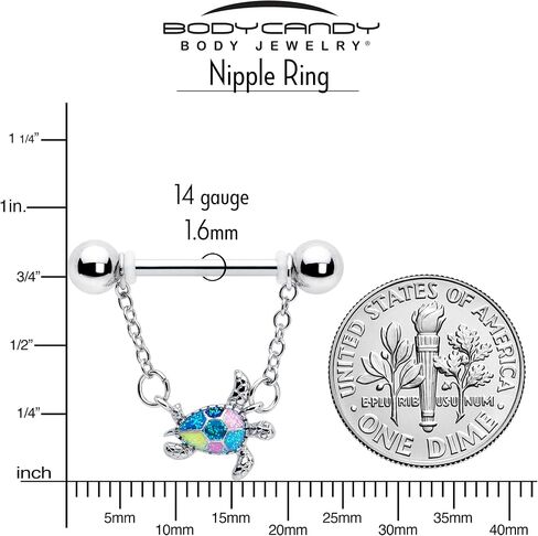 Body Candy 14G Womens Nipplerings Piercing 316L Stainless Steel 2Pc Glitter Turtle Sea Turtle Dangle Nipple Ring Set 9/16 in Kuwait