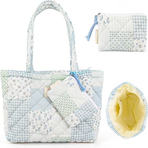Cute Quilted Tote Bag for Women, Blue Floral Patchwork Tote Bag with Matching Mini Purse, Lightweight Puffy Shoulder Bag, Large Capacity Daily Work Travel Handbag in Saudi Arabia