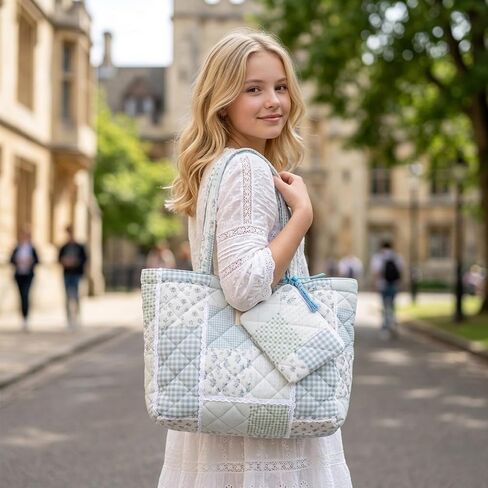 Cute Quilted Tote Bag for Women, Blue Floral Patchwork Tote Bag with Matching Mini Purse, Lightweight Puffy Shoulder Bag, Large Capacity Daily Work Travel Handbag in Saudi Arabia