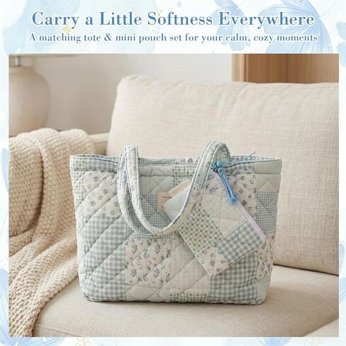 Cute Quilted Tote Bag for Women, Blue Floral Patchwork Tote Bag with Matching Mini Purse, Lightweight Puffy Shoulder Bag, Large Capacity Daily Work Travel Handbag in Saudi Arabia