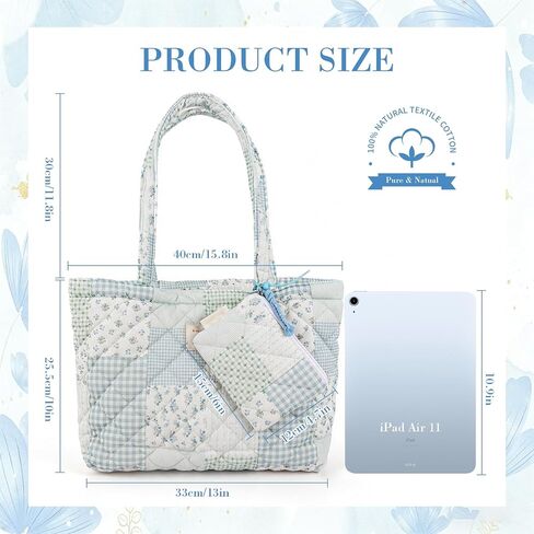 Cute Quilted Tote Bag for Women, Blue Floral Patchwork Tote Bag with Matching Mini Purse, Lightweight Puffy Shoulder Bag, Large Capacity Daily Work Travel Handbag in Saudi Arabia