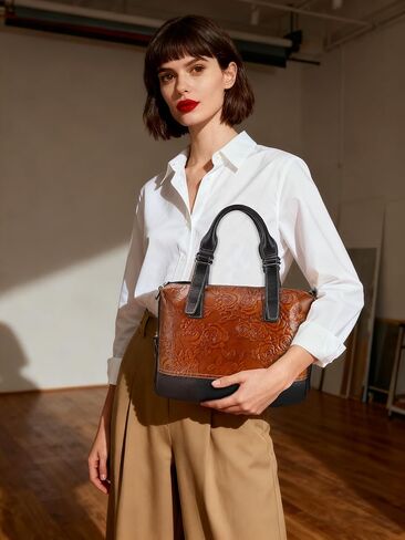 Purse and Handbags for Women Shoulder Tote Handle Medium Satchel Vintage Embossing Rose (Brown) in Kuwait