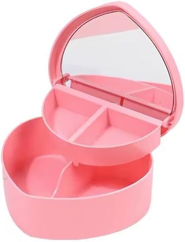 Heart Shaped Pink Jewelry Storage Box with Mirror, 2-Tier Jewelry Organizer Case for Rings, Earrings & Necklaces in Kuwait