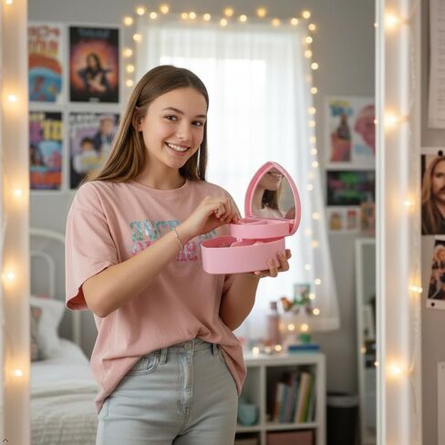 Heart Shaped Pink Jewelry Storage Box with Mirror, 2-Tier Jewelry Organizer Case for Rings, Earrings & Necklaces in Kuwait