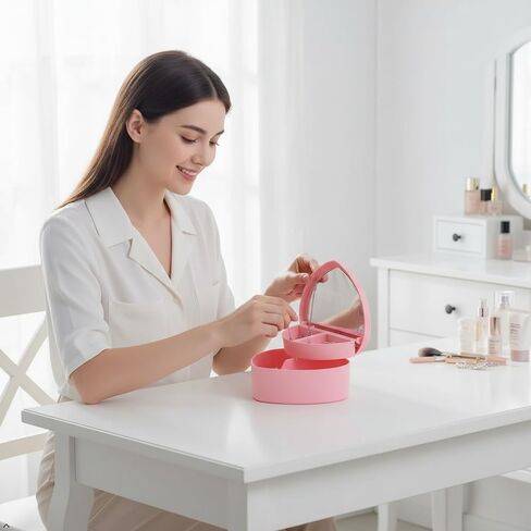 Heart Shaped Pink Jewelry Storage Box with Mirror, 2-Tier Jewelry Organizer Case for Rings, Earrings & Necklaces in Kuwait