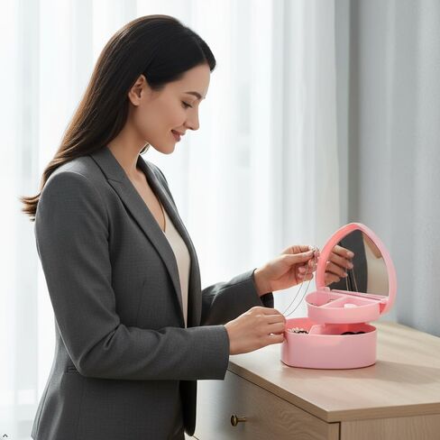 Heart Shaped Pink Jewelry Storage Box with Mirror, 2-Tier Jewelry Organizer Case for Rings, Earrings & Necklaces in Kuwait