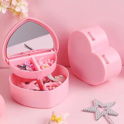 Heart Shaped Pink Jewelry Storage Box with Mirror, 2-Tier Jewelry Organizer Case for Rings, Earrings & Necklaces in Kuwait