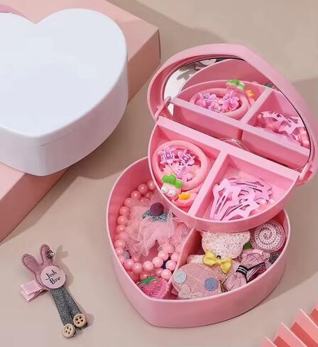 Heart Shaped Pink Jewelry Storage Box with Mirror, 2-Tier Jewelry Organizer Case for Rings, Earrings & Necklaces in Kuwait