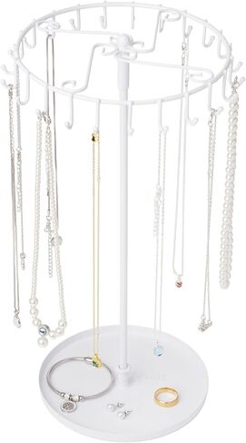 Rotating Necklace Stand Organizer, Spinning Jewelry Necklace Holder Metal Display Stand with 23 Hooks for Storage and Hanging Bracelet Keychain Home Room Decor (White) in Kuwait
