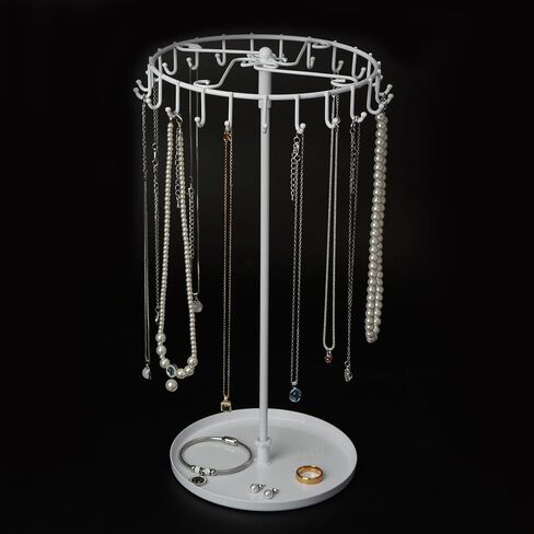 Rotating Necklace Stand Organizer, Spinning Jewelry Necklace Holder Metal Display Stand with 23 Hooks for Storage and Hanging Bracelet Keychain Home Room Decor (White) in Kuwait