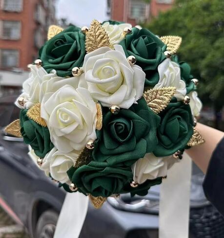Handmade Wedding Bouquet Artificial PE Rose Bridal Bridesmaid Bouquet with Soft Ribbons Wedding Hand Holding Bouquet Artificial Fake Flowers Toss Bouquet(A-Emerald Green & Ivory, 6.7"/17cm) in Kuwait