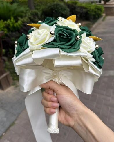 Handmade Wedding Bouquet Artificial PE Rose Bridal Bridesmaid Bouquet with Soft Ribbons Wedding Hand Holding Bouquet Artificial Fake Flowers Toss Bouquet(A-Emerald Green & Ivory, 6.7"/17cm) in Kuwait