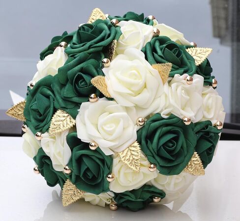 Handmade Wedding Bouquet Artificial PE Rose Bridal Bridesmaid Bouquet with Soft Ribbons Wedding Hand Holding Bouquet Artificial Fake Flowers Toss Bouquet(A-Emerald Green & Ivory, 6.7"/17cm) in Kuwait