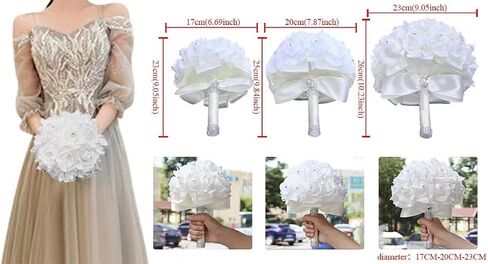 Handmade Wedding Bouquet Artificial PE Rose Bridal Bridesmaid Bouquet with Soft Ribbons Wedding Hand Holding Bouquet Artificial Fake Flowers Toss Bouquet(A-Emerald Green & Ivory, 6.7"/17cm) in Kuwait