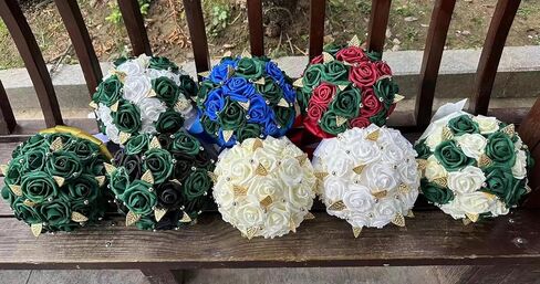 Handmade Wedding Bouquet Artificial PE Rose Bridal Bridesmaid Bouquet with Soft Ribbons Wedding Hand Holding Bouquet Artificial Fake Flowers Toss Bouquet(A-Emerald Green & Ivory, 6.7"/17cm) in Kuwait