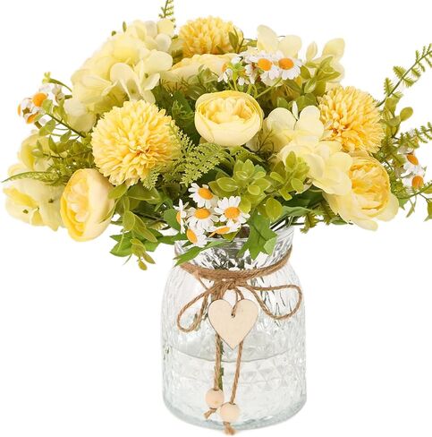 Kimura's Cabin Faux Flowers with Vase,Artificial Silk Peony in Vases Fake Flower Hydrangeas Arrangement for Dining Table Home Office Farmhouse Bathroom Centerpiece Wedding Decorations（Yellow） in Saudi Arabia