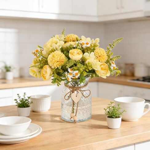 Kimura's Cabin Faux Flowers with Vase,Artificial Silk Peony in Vases Fake Flower Hydrangeas Arrangement for Dining Table Home Office Farmhouse Bathroom Centerpiece Wedding Decorations（Yellow） in Saudi Arabia