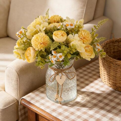 Kimura's Cabin Faux Flowers with Vase,Artificial Silk Peony in Vases Fake Flower Hydrangeas Arrangement for Dining Table Home Office Farmhouse Bathroom Centerpiece Wedding Decorations（Yellow） in Saudi Arabia
