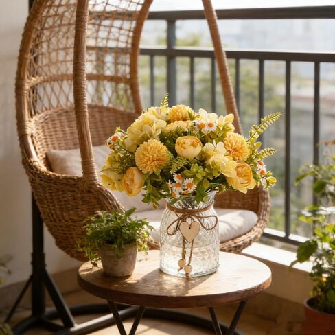 Kimura's Cabin Faux Flowers with Vase,Artificial Silk Peony in Vases Fake Flower Hydrangeas Arrangement for Dining Table Home Office Farmhouse Bathroom Centerpiece Wedding Decorations（Yellow） in Saudi Arabia