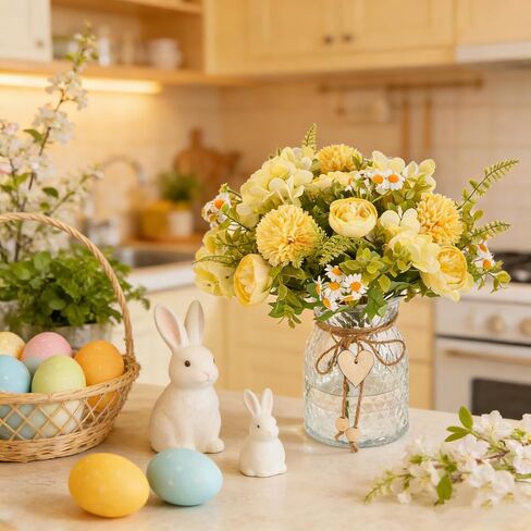Kimura's Cabin Faux Flowers with Vase,Artificial Silk Peony in Vases Fake Flower Hydrangeas Arrangement for Dining Table Home Office Farmhouse Bathroom Centerpiece Wedding Decorations（Yellow） in Saudi Arabia