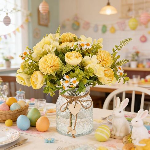 Kimura's Cabin Faux Flowers with Vase,Artificial Silk Peony in Vases Fake Flower Hydrangeas Arrangement for Dining Table Home Office Farmhouse Bathroom Centerpiece Wedding Decorations（Yellow） in Saudi Arabia