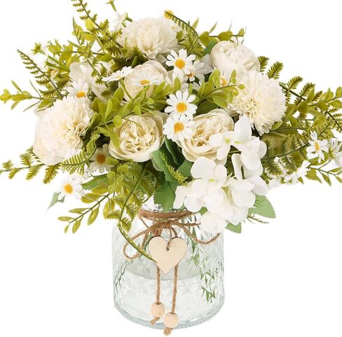 Kimura's Cabin Faux Flowers with Vase,Artificial Silk Peony in Vases Fake Flower Hydrangeas Arrangement for Dining Table Home Office Farmhouse Bathroom Centerpiece Wedding Decorations（Yellow） in Saudi Arabia