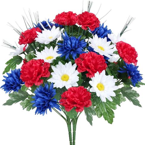 17.3" 13 Heads Artificial Flower Patriotic Memorial Bouquet Red White and Blue flowers with Mums Hydrangea Daisy 4th of July Flowers for Cemetery Table Centerpiece Memorial Day Home Decor 2Pcs in Saudi Arabia