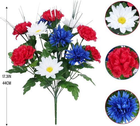 17.3" 13 Heads Artificial Flower Patriotic Memorial Bouquet Red White and Blue flowers with Mums Hydrangea Daisy 4th of July Flowers for Cemetery Table Centerpiece Memorial Day Home Decor 2Pcs in Saudi Arabia