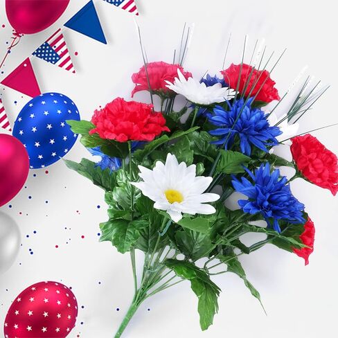17.3" 13 Heads Artificial Flower Patriotic Memorial Bouquet Red White and Blue flowers with Mums Hydrangea Daisy 4th of July Flowers for Cemetery Table Centerpiece Memorial Day Home Decor 2Pcs in Saudi Arabia
