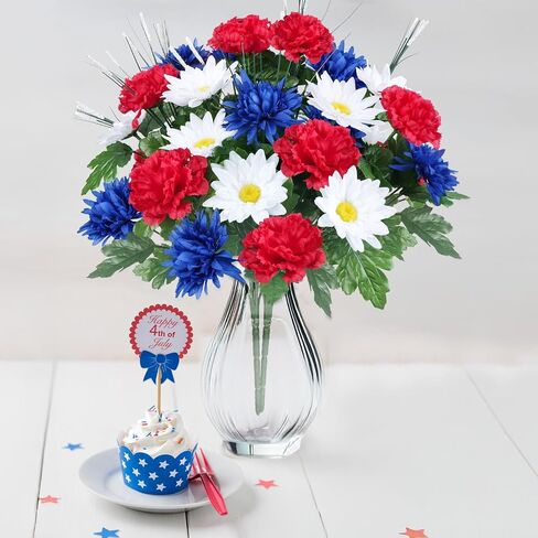 17.3" 13 Heads Artificial Flower Patriotic Memorial Bouquet Red White and Blue flowers with Mums Hydrangea Daisy 4th of July Flowers for Cemetery Table Centerpiece Memorial Day Home Decor 2Pcs in Saudi Arabia