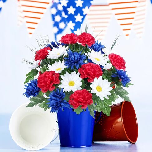 17.3" 13 Heads Artificial Flower Patriotic Memorial Bouquet Red White and Blue flowers with Mums Hydrangea Daisy 4th of July Flowers for Cemetery Table Centerpiece Memorial Day Home Decor 2Pcs in Saudi Arabia