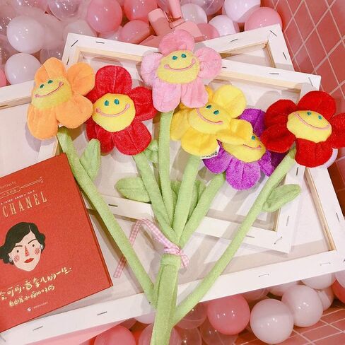 8PCS Artificial Plush Flower Bendable Curtain Buckle Tiebacks Birthday Wedding Party Durable Plush Daisy Flower Bouquet with Happy Smiley Face Gift for Kids Baby Girl Toddlers in Saudi Arabia