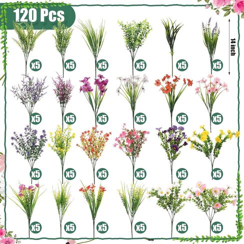 Zeyune 120 Bundles Artificial Flowers for Outdoor UV Resistant Fake Plastic Flowers Plants Bulk Faux Realistic Eucalyptus Violet Lavender for Spring Summer Home Window Yard Patio Garden Decor(Multi2) in Kuwait