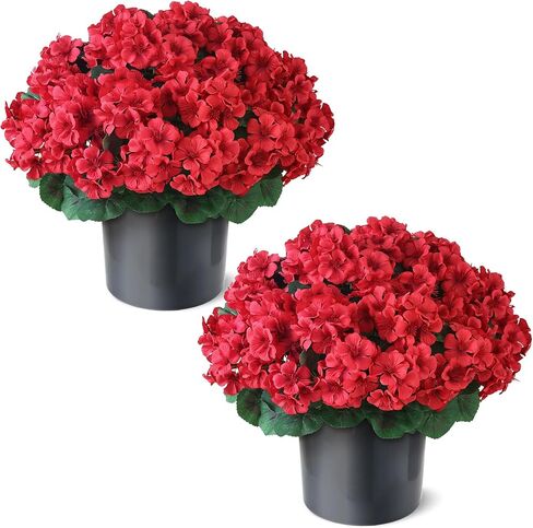 FOTEEWL 2 Set Artificial Geraniums Topiary for Front Porch Decor - 17" UV Resistant Faux Geraniums Potted Plant Fake Silk Flower Bush for Front Door, Farmhouse, Garden, Outdoor Decoration (Red) in Saudi Arabia