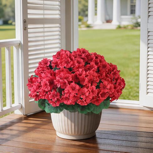 FOTEEWL 2 Set Artificial Geraniums Topiary for Front Porch Decor - 17" UV Resistant Faux Geraniums Potted Plant Fake Silk Flower Bush for Front Door, Farmhouse, Garden, Outdoor Decoration (Red) in Saudi Arabia
