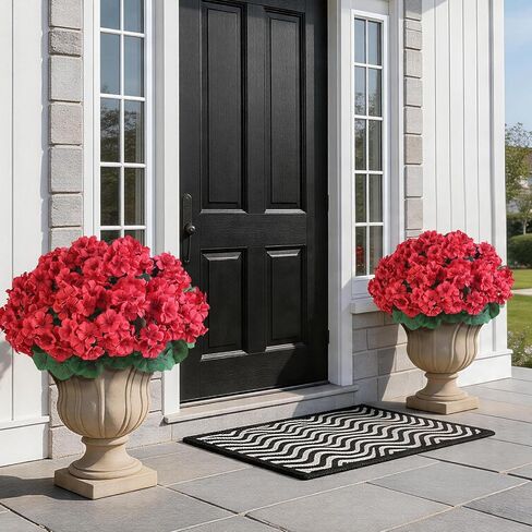 FOTEEWL 2 Set Artificial Geraniums Topiary for Front Porch Decor - 17" UV Resistant Faux Geraniums Potted Plant Fake Silk Flower Bush for Front Door, Farmhouse, Garden, Outdoor Decoration (Red) in Saudi Arabia