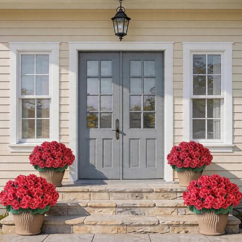 FOTEEWL 2 Set Artificial Geraniums Topiary for Front Porch Decor - 17" UV Resistant Faux Geraniums Potted Plant Fake Silk Flower Bush for Front Door, Farmhouse, Garden, Outdoor Decoration (Red) in Saudi Arabia