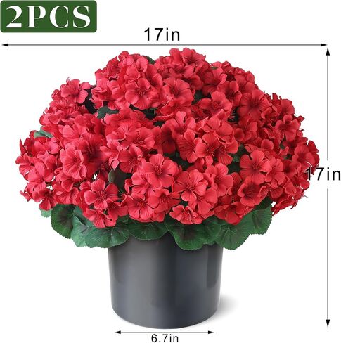 FOTEEWL 2 Set Artificial Geraniums Topiary for Front Porch Decor - 17" UV Resistant Faux Geraniums Potted Plant Fake Silk Flower Bush for Front Door, Farmhouse, Garden, Outdoor Decoration (Red) in Saudi Arabia