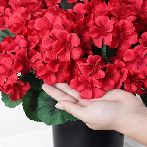 FOTEEWL 2 Set Artificial Geraniums Topiary for Front Porch Decor - 17" UV Resistant Faux Geraniums Potted Plant Fake Silk Flower Bush for Front Door, Farmhouse, Garden, Outdoor Decoration (Red) in Saudi Arabia
