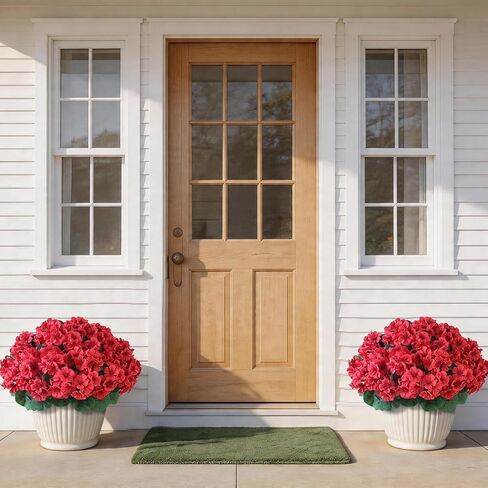 FOTEEWL 2 Set Artificial Geraniums Topiary for Front Porch Decor - 17" UV Resistant Faux Geraniums Potted Plant Fake Silk Flower Bush for Front Door, Farmhouse, Garden, Outdoor Decoration (Red) in Saudi Arabia