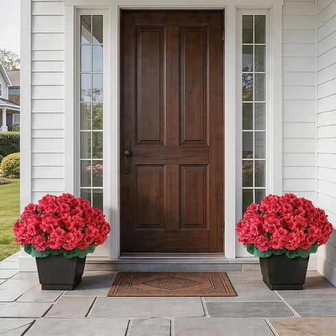 FOTEEWL 2 Set Artificial Geraniums Topiary for Front Porch Decor - 17" UV Resistant Faux Geraniums Potted Plant Fake Silk Flower Bush for Front Door, Farmhouse, Garden, Outdoor Decoration (Red) in Saudi Arabia