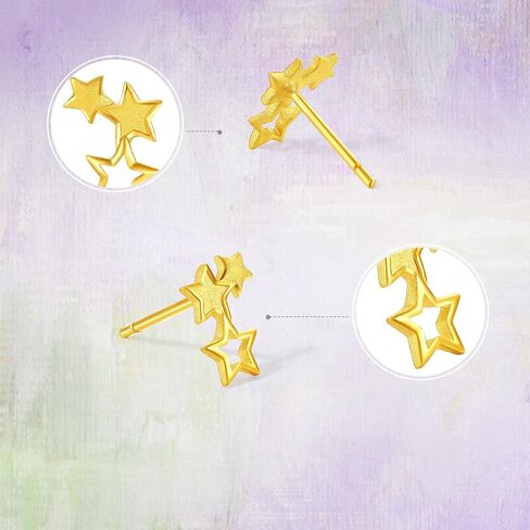 ZHOU LIU FU 24K Solid Gold Earrings Star Studs Pure Gold Jewelry for Women Mom Her Daughter Birthday Anniversary A0913848 in Saudi Arabia