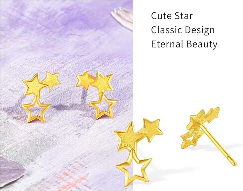 ZHOU LIU FU 24K Solid Gold Earrings Star Studs Pure Gold Jewelry for Women Mom Her Daughter Birthday Anniversary A0913848 in Saudi Arabia